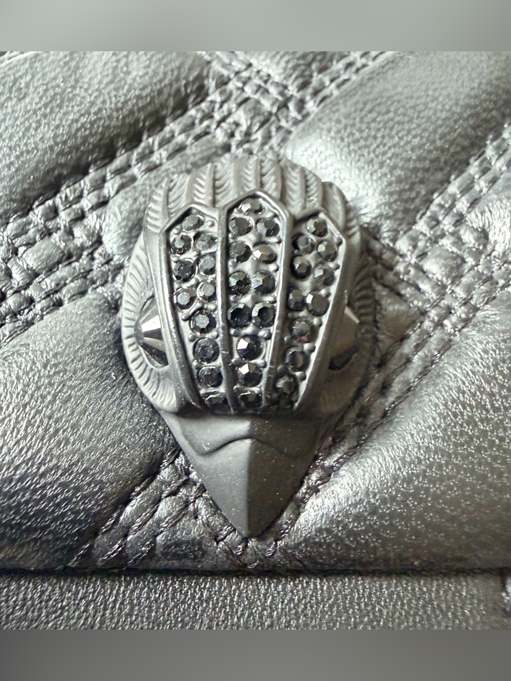 NEW Kurt Geiger Black Leather Handbag w Black Crystal Embellished Bird on Front - Picture 4 of 16